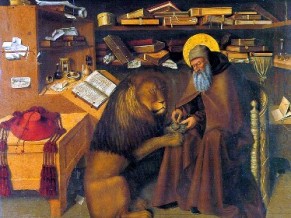 Using a thorn to remove a thorn - Painting by Conlantino,St Jerome removing thorn from a lion's paw