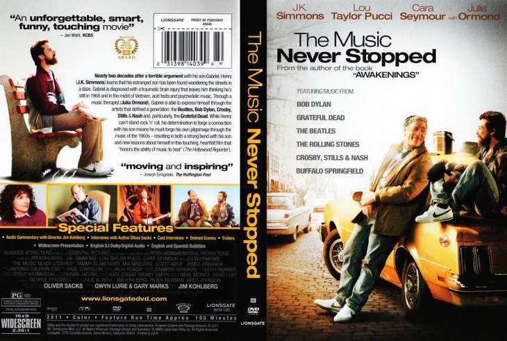 Front and back cover - Video review of The Music Never Stopped