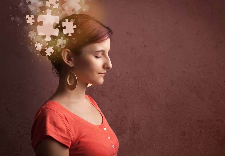 Girl with glowing puzzle mind - The road to enlightenment
