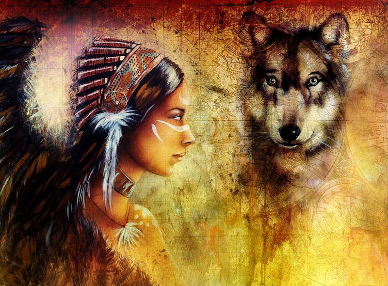 painting of young Indian woman with wolf