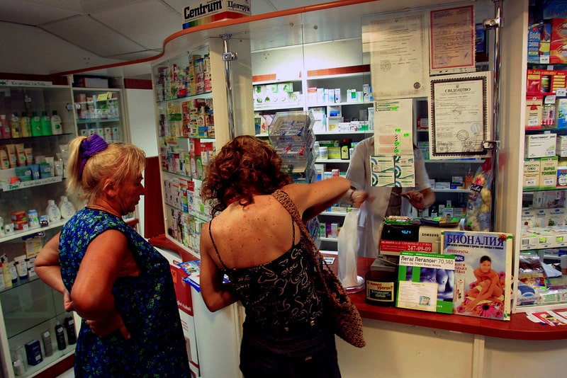 People in a line at a pharmacy in Kiev
