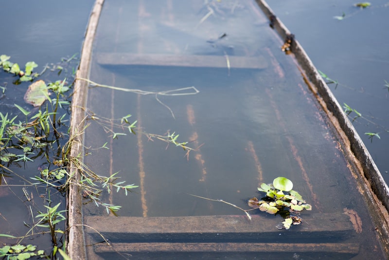 Wooden canoe filled with water