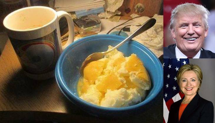 Eggs and cornmeal breakfast beside Trump and Clinton images - My breakfast and the U.S. election
