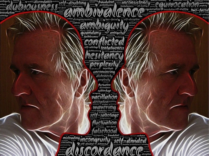 Drawing of a confused face arguing with itself