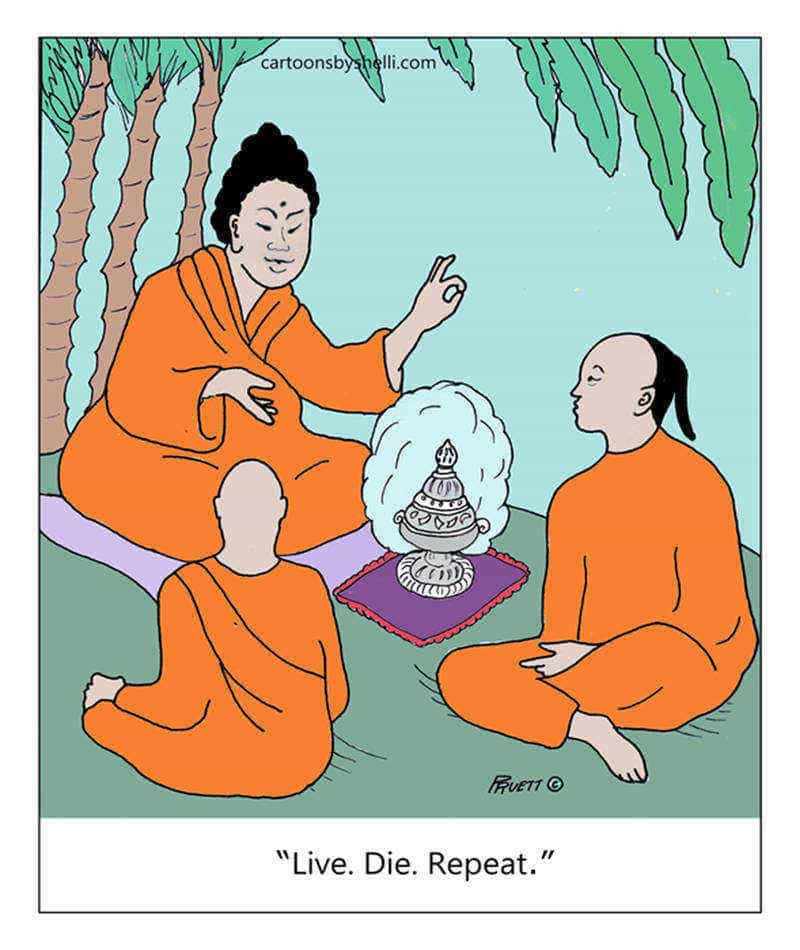 One Buddhist monk tells two others about the cycle of rebirth -