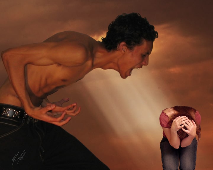 boy screaming at cowering girl