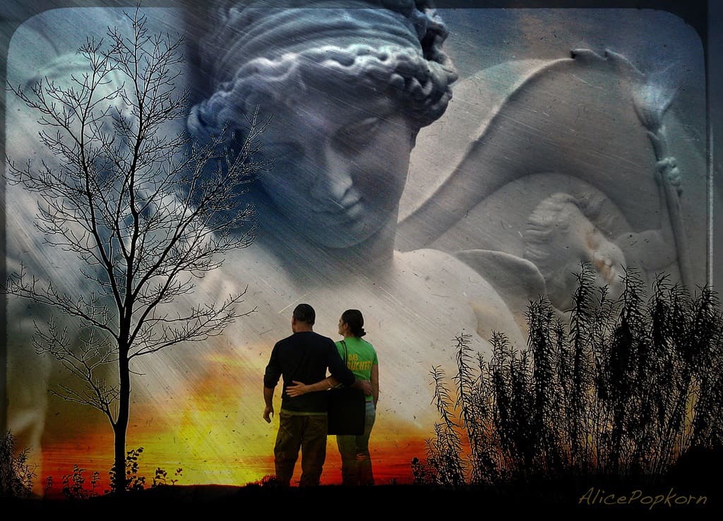 Couple outdoors with guardian angel above them - Try out your angel eyes