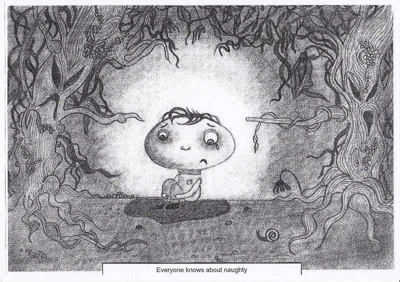 Young boy sitting in creepy-looking cave, crying - There's no such thing as naughty