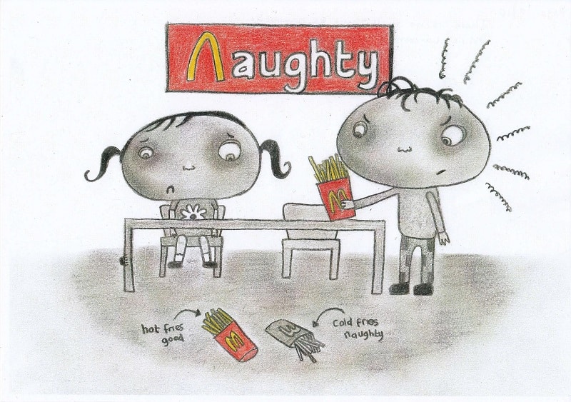 Illustration of father bringing daughter new fries at McDonald's