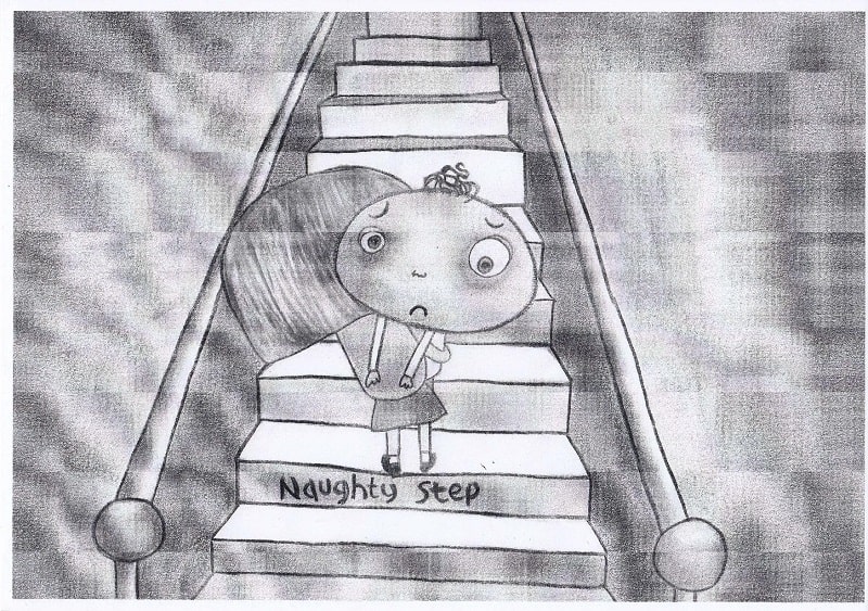 Little boy being carried up stairs labelled 'naughty step' by mother - There's no such thing as naughty