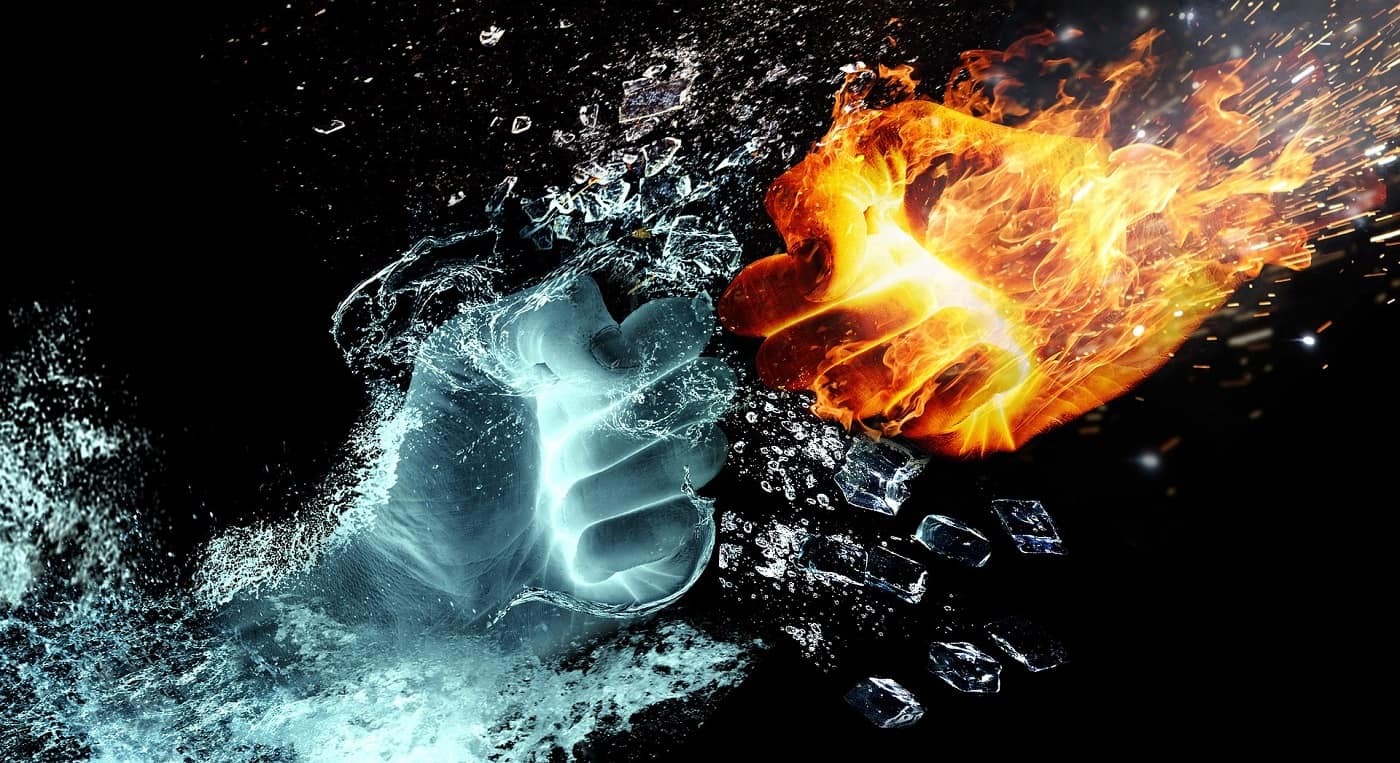 Two fists, one water and one fire, fighting - Identity politics