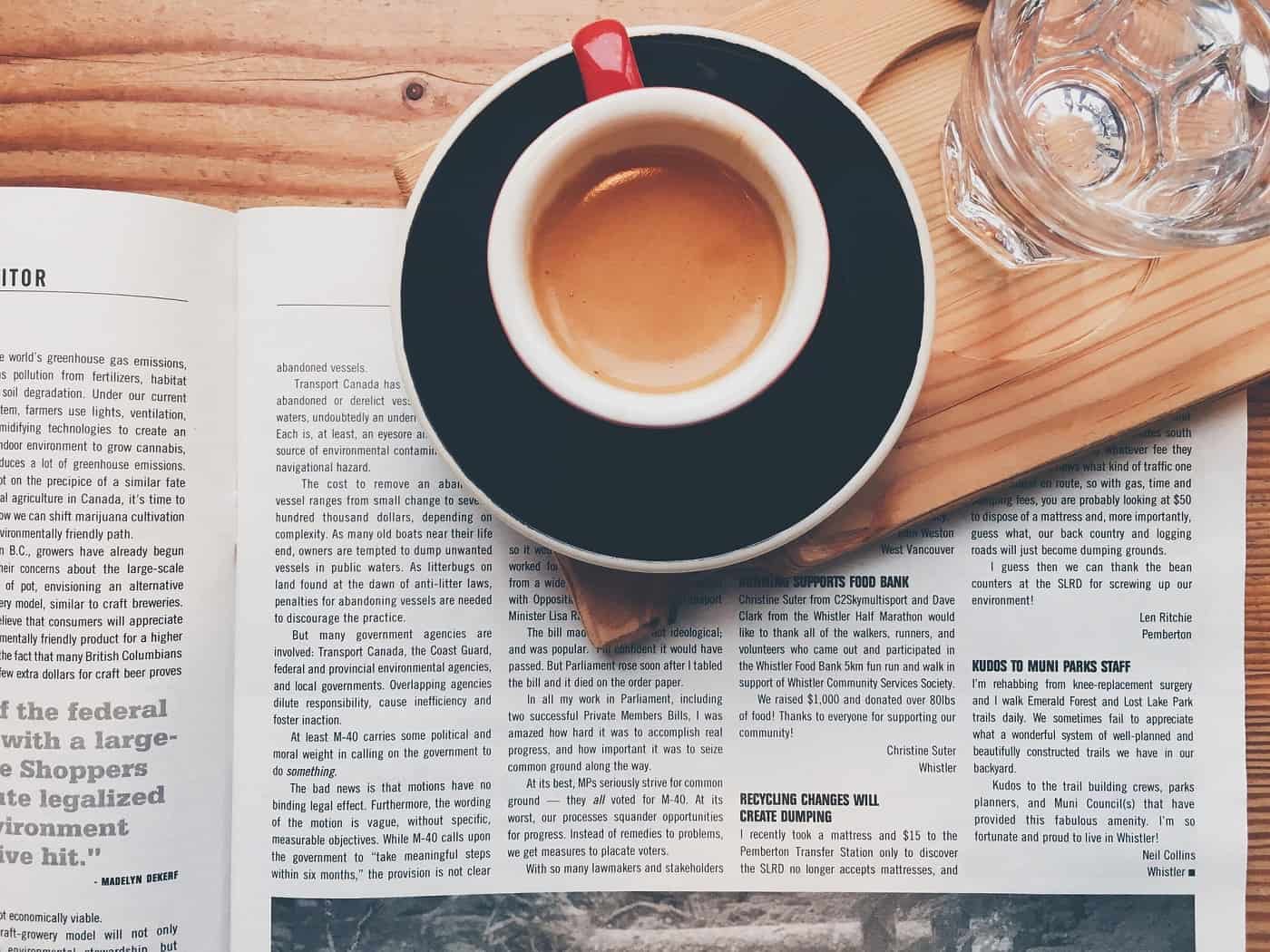 Newspaper, coffee and water glass