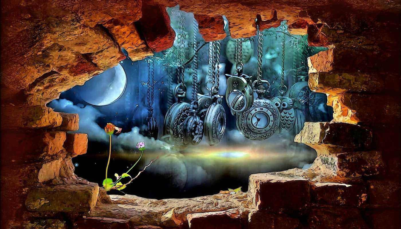 broken wall with flower and background of clocks