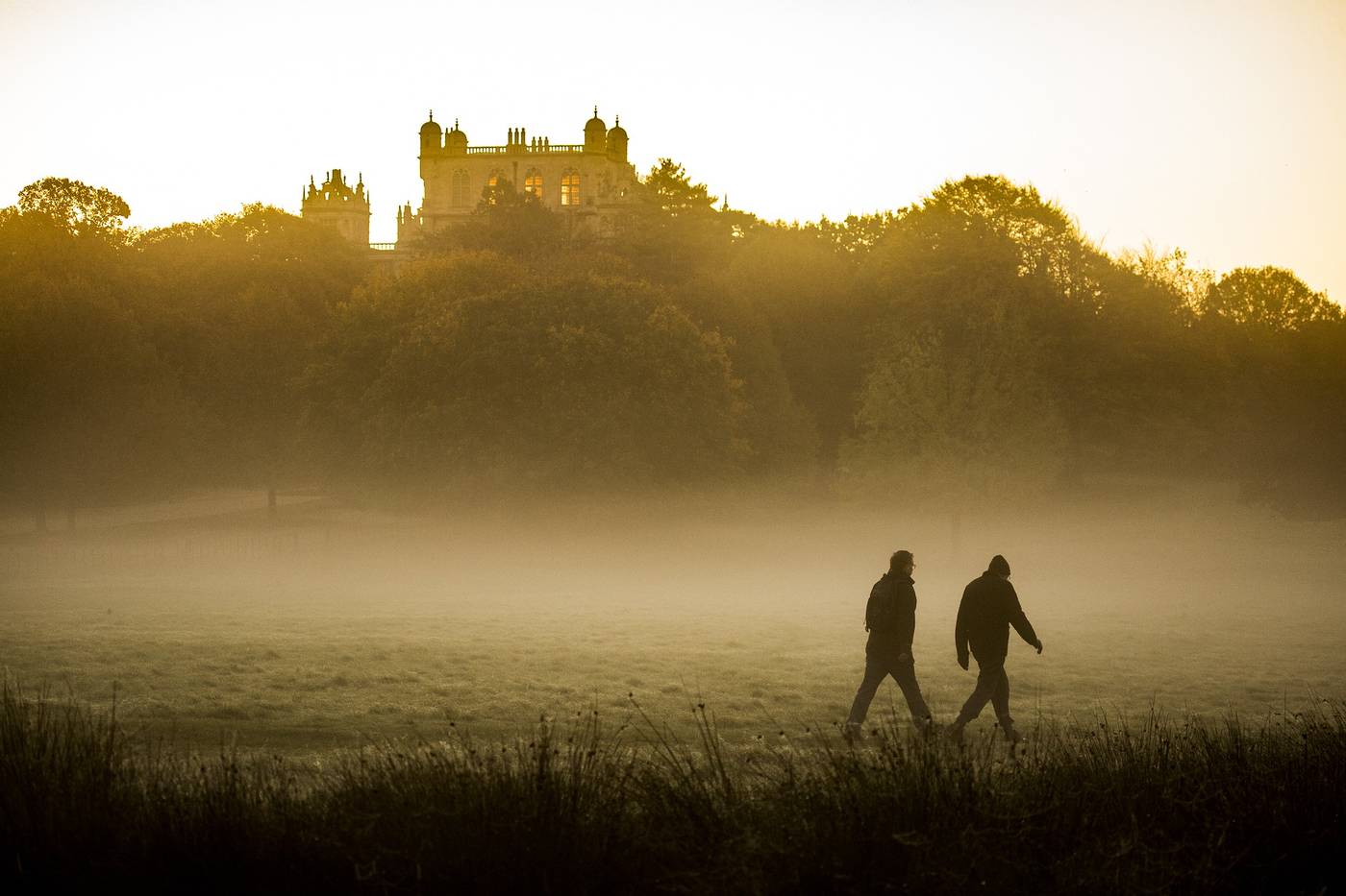 Two people walking outdoors in mist