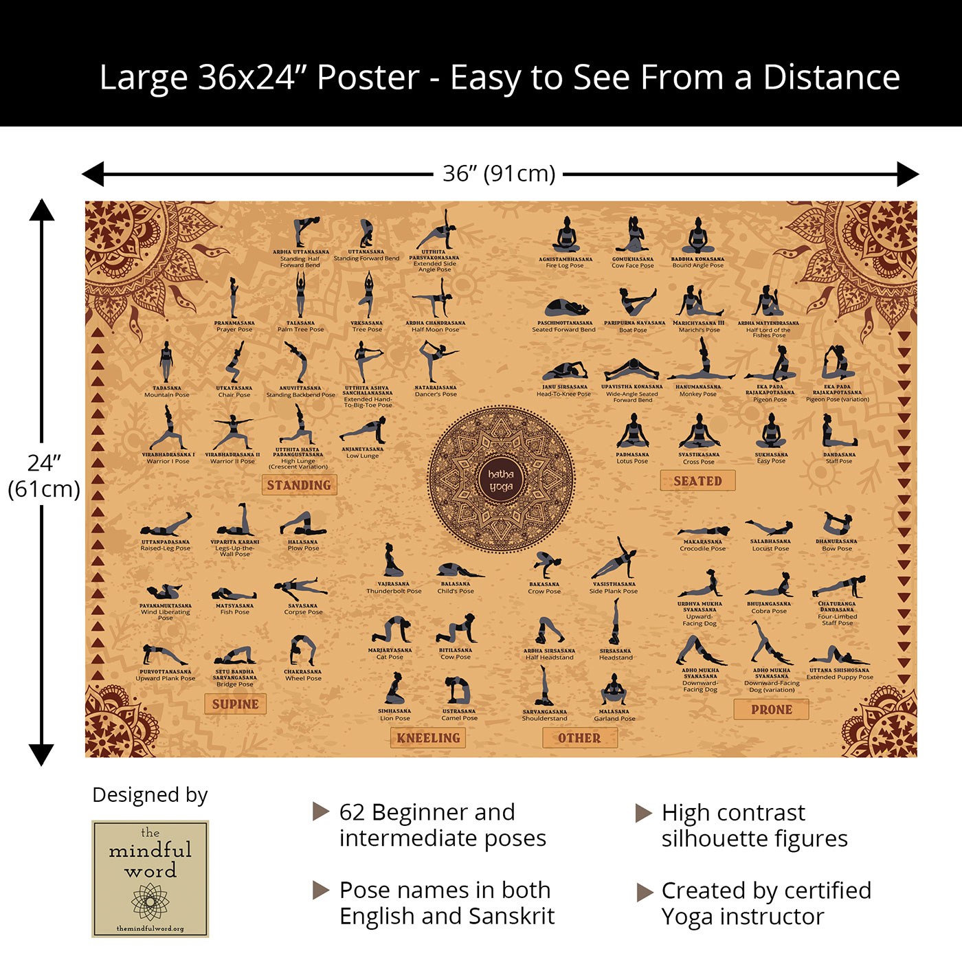 Hatha Yoga Poses Poster - Details - 62 Beginner and Intermediate Poses in both English and Sanskrit. High contrast, created by certified Yoga instructor