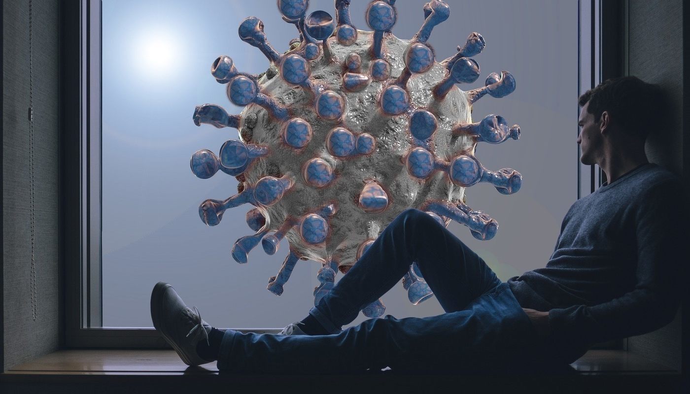 man in window with coronavirus in background