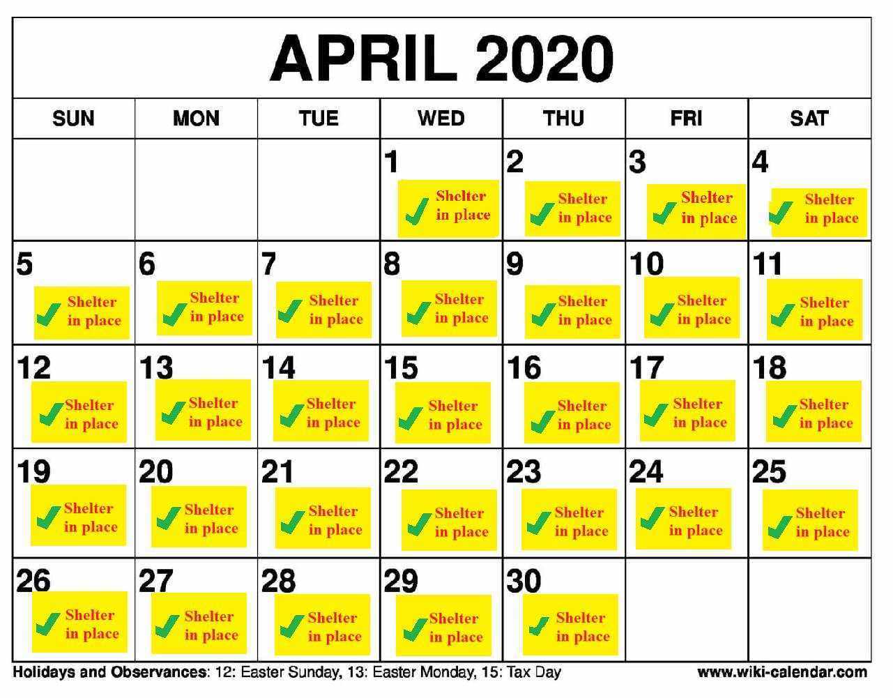 April calendar showing shelter-in-place days
