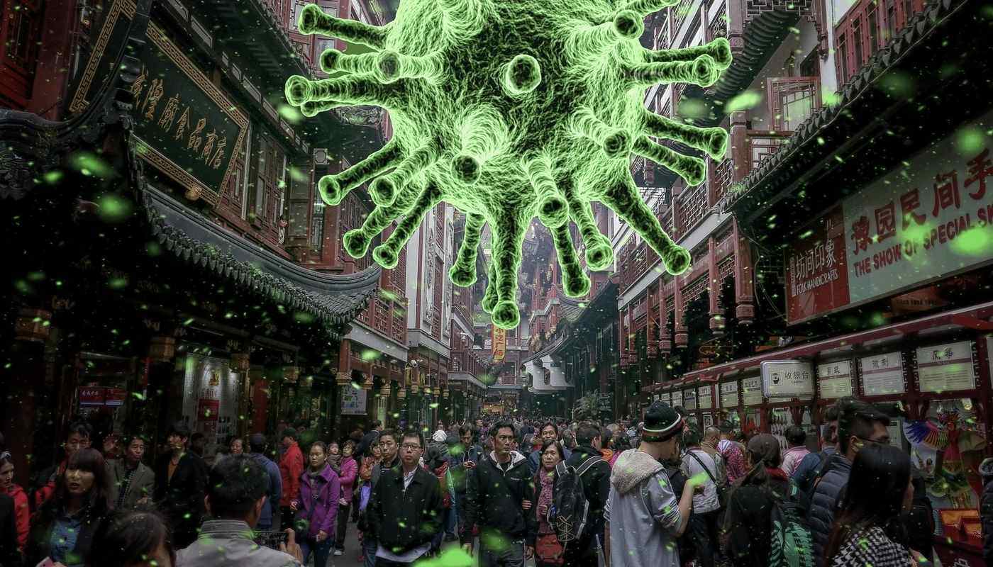 a virus over a crowd of people