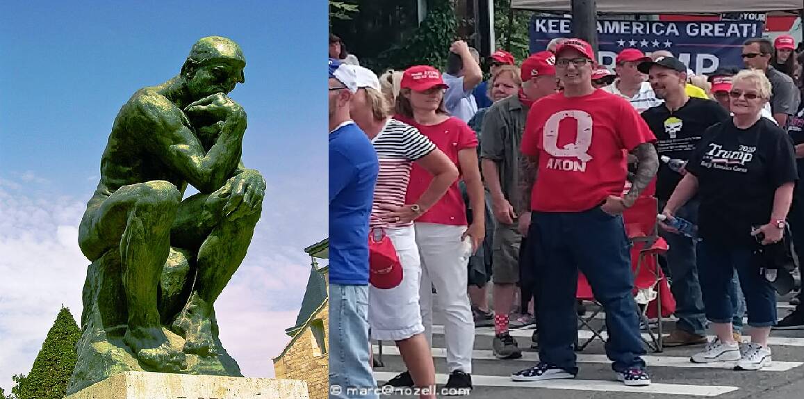 Composite photo of Rodin's "The Thinker" and Qanon supporters