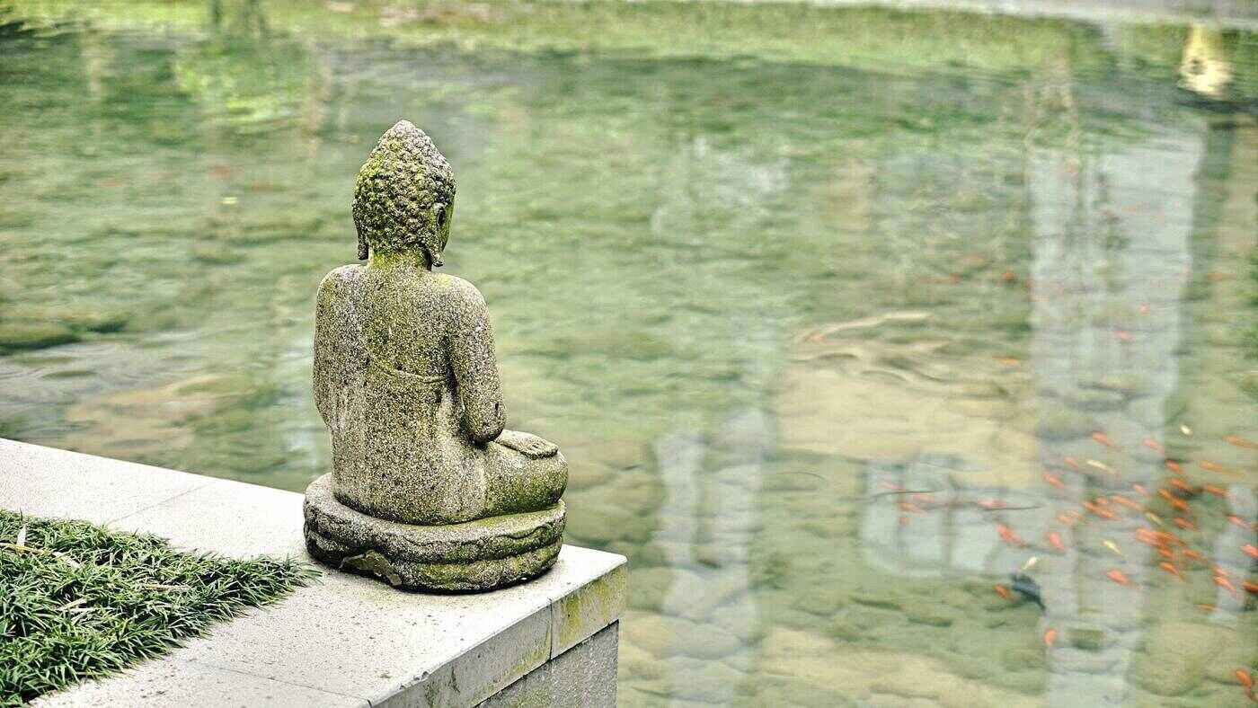 Stone Buddha statue next to water