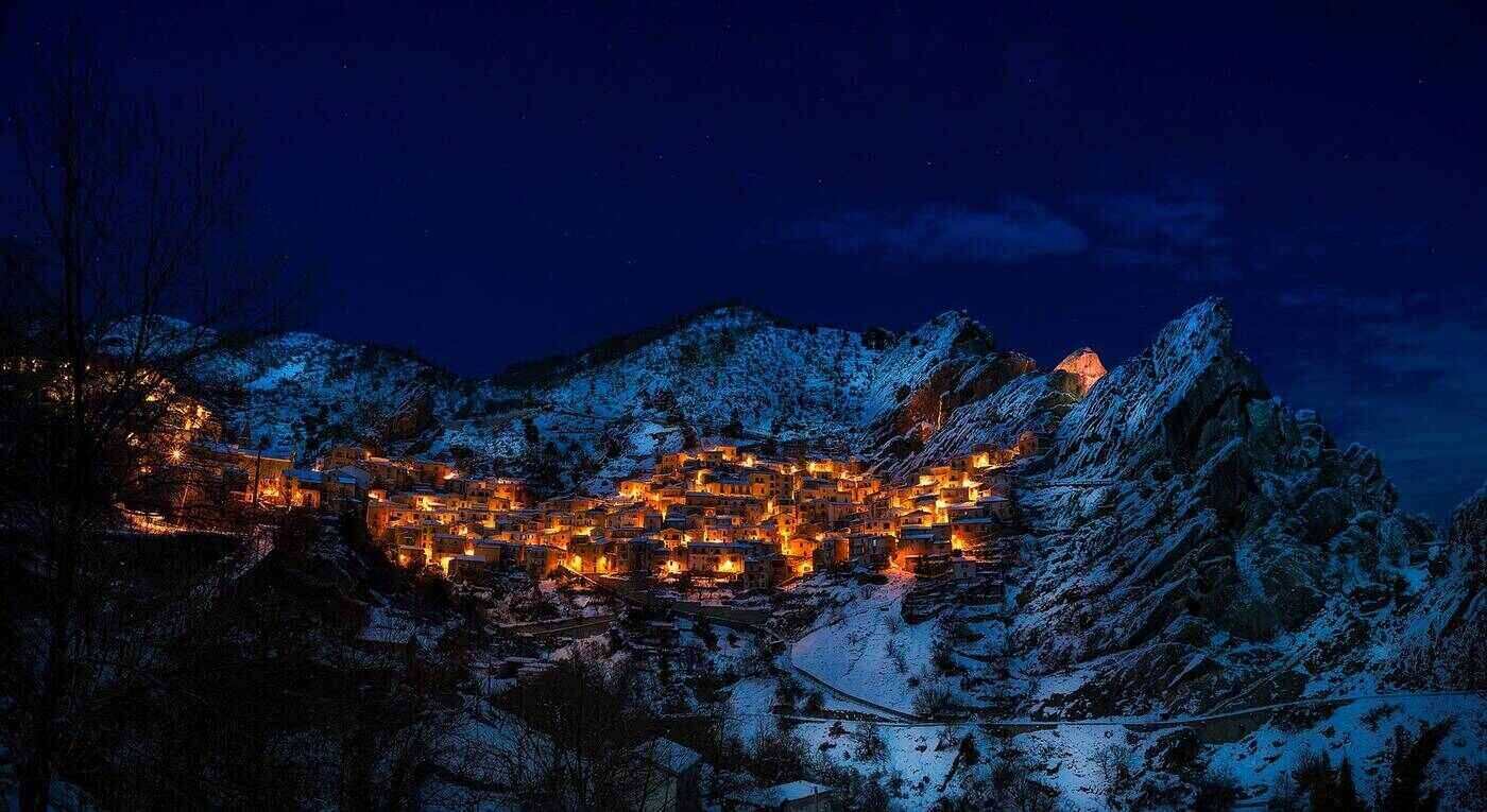 Mountain village at night