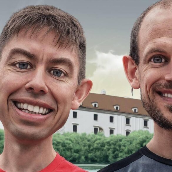 distorted faces of two men