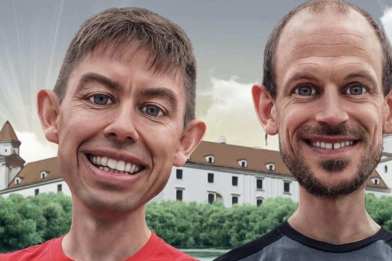 distorted faces of two men