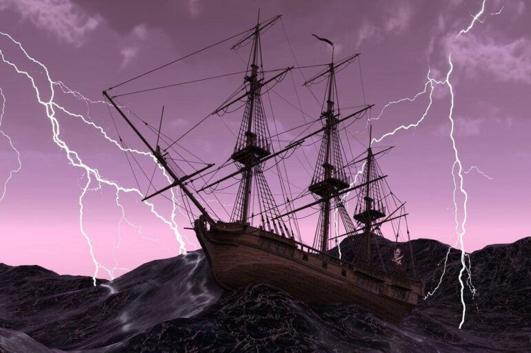 ancient ship at sea in a storm