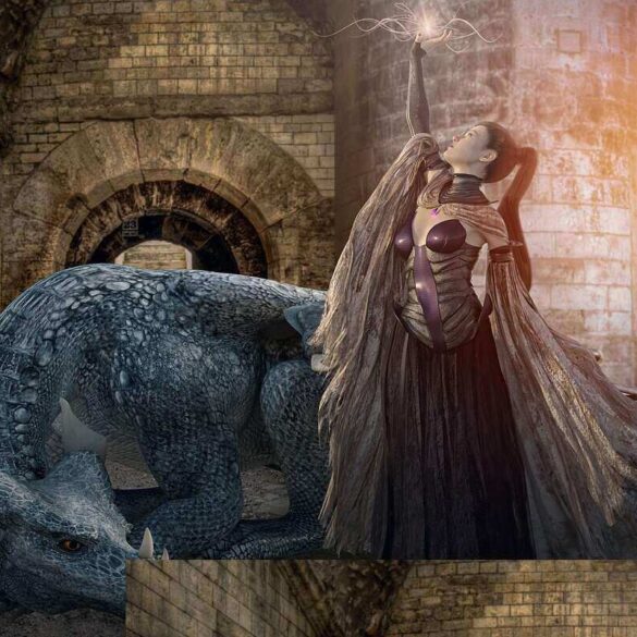 Woman in a dungeon with dragon