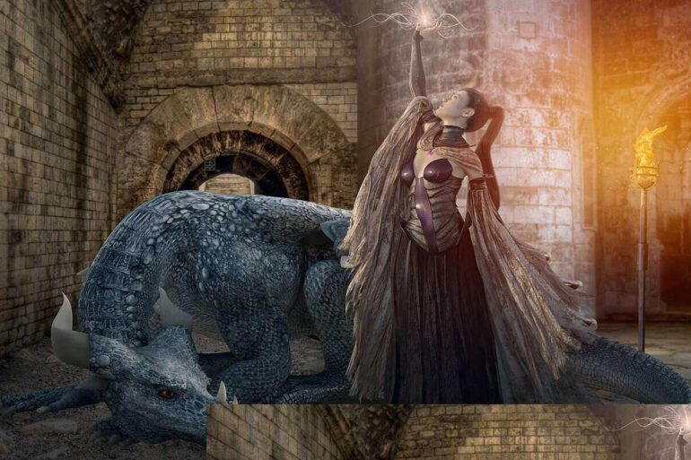 Woman in a dungeon with dragon