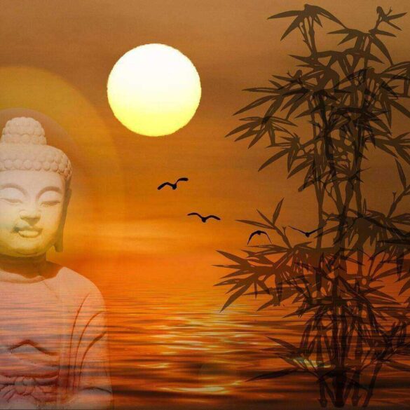 Buddha statue in front of moon, with tree