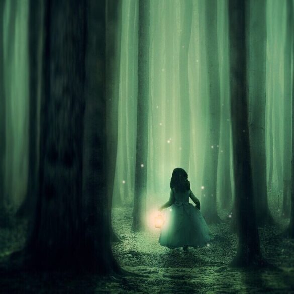 girl with light in the woods