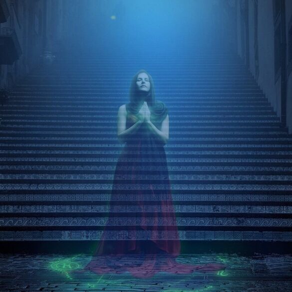 wraith of a woman in front of stairs