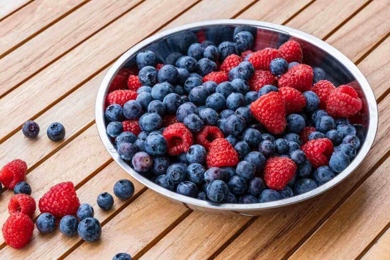 Bowl of raspberries and blueberries