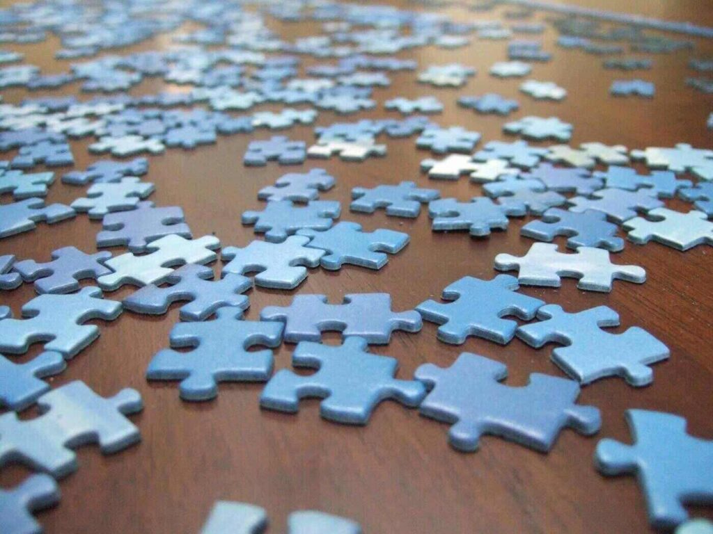 4 POEMS BY MAX REIF: The Poet Defends His Integrity In a Dream, The Puzzle and more 16 Blue puzzle pieces on table