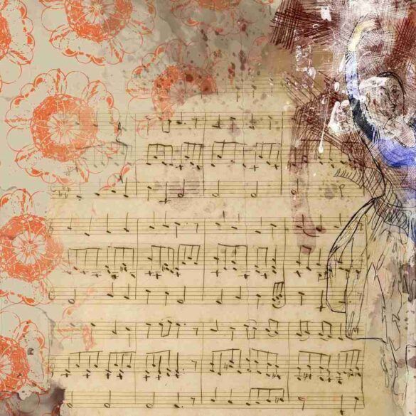 Woman dancing with sheet music and flowers in background