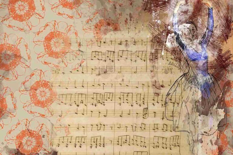 Woman dancing with sheet music and flowers in background