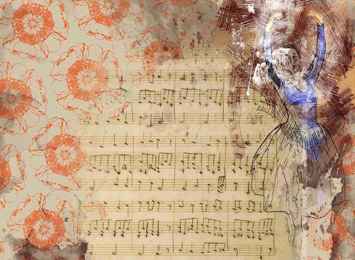 POEMS BY SHARON LOPEZ MOONEY: Death Holds Lease With Me and more 13 Woman dancing with sheet music and flowers in background