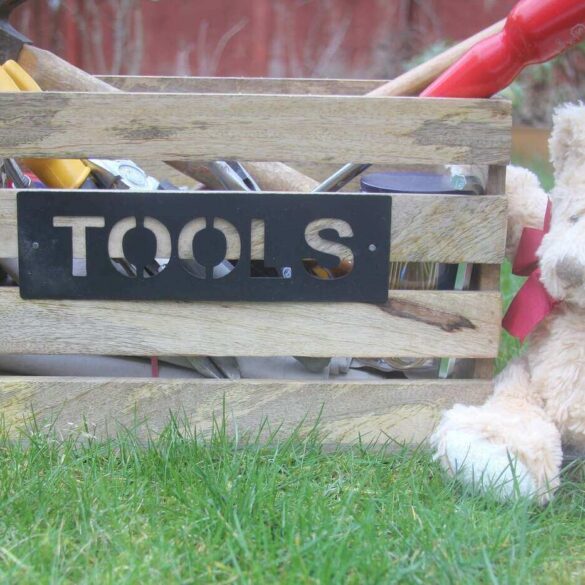 wooden toolbox with stuffed bear