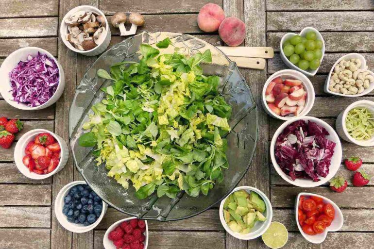 Fruit and vegetables on table
