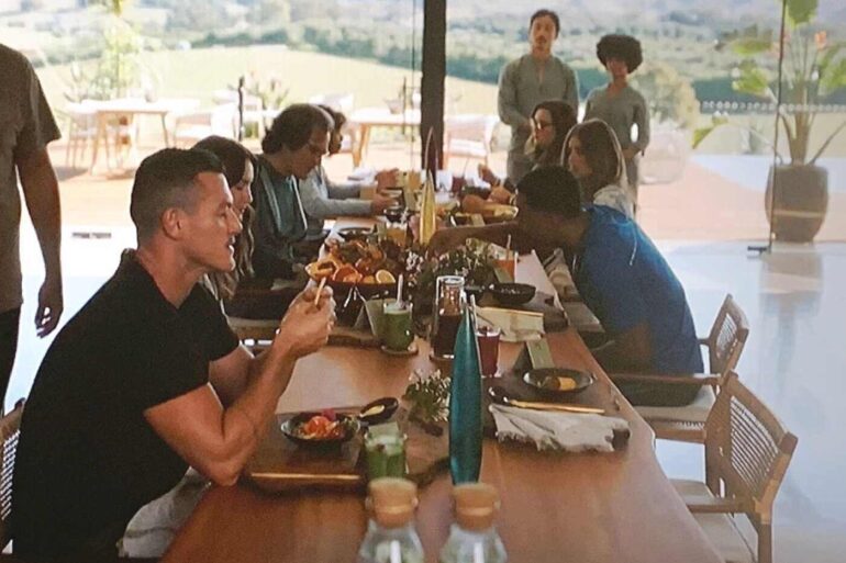 Guests at Tranquillum having breakfast together on Nine Perfect Strangers