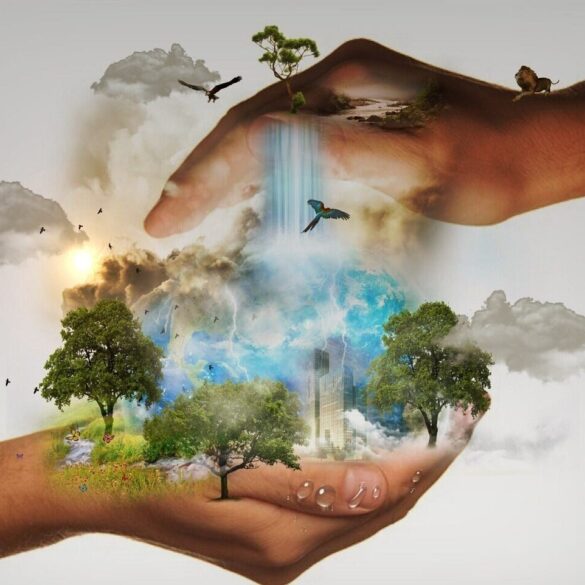 Two hands protecting trees and the environment