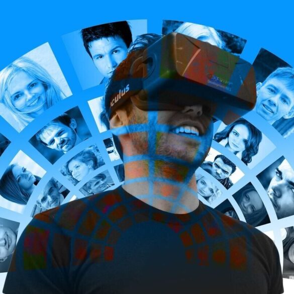 man with image viewer and faces surrounding him