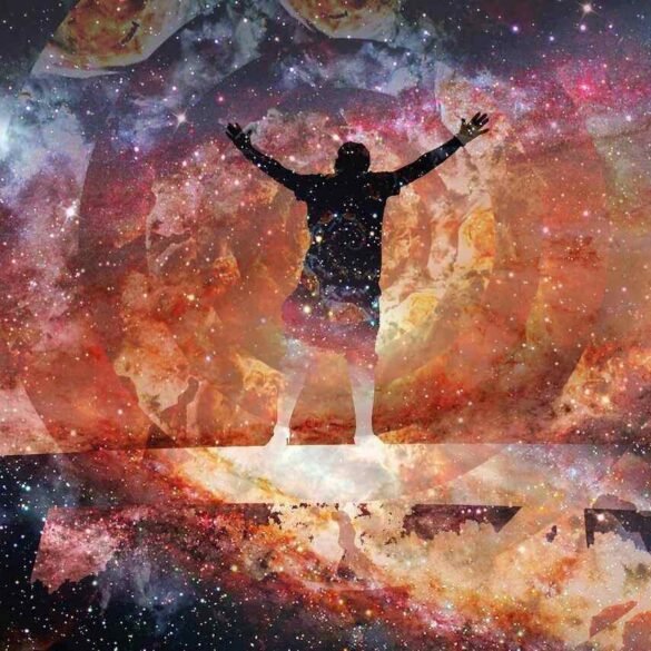 art of man with raised hands in psycho environment