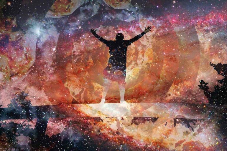 art of man with raised hands in psycho environment