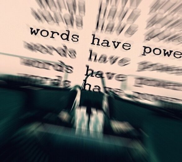 "Words have power" being typed on typewriter
