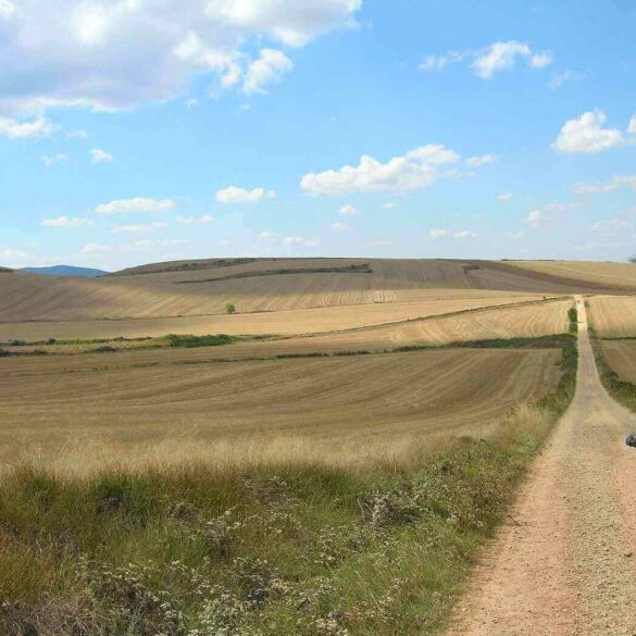 Person hiking El Camino trail in Santiago, Spain