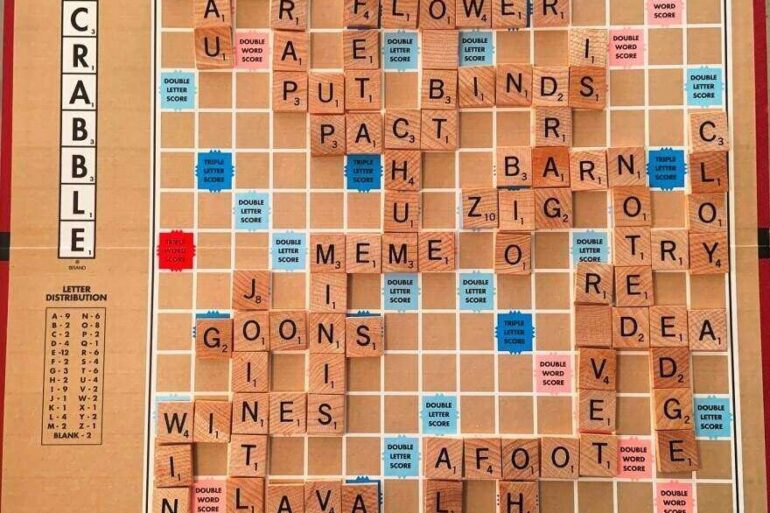 Scrabble gameboard filled with words