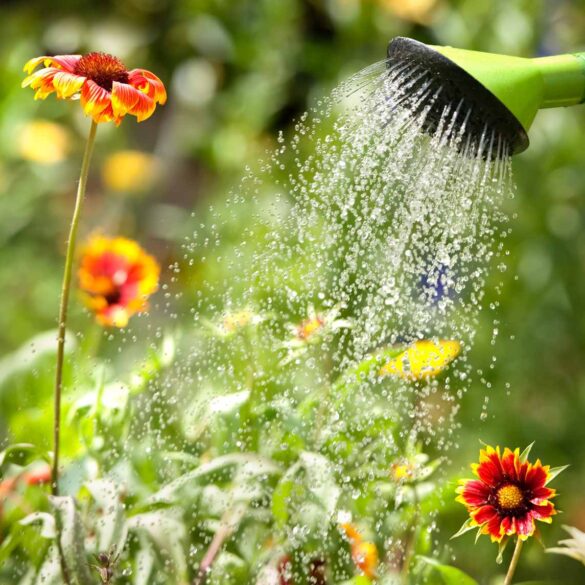 Flowers being watered by hose