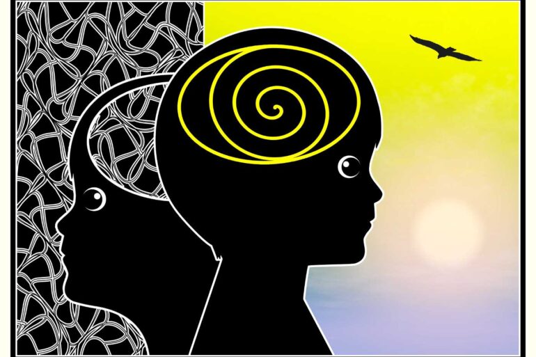 Illustration of child's brain before and after meditation
